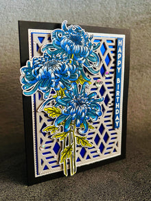 Blue Chrysanthemum Trio Happy Birthday Card