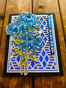 Blue Chrysanthemum Trio Happy Birthday Card
