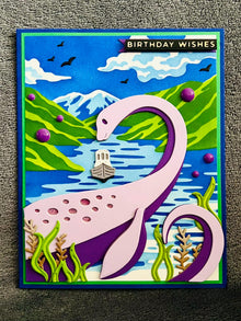 Lavender Lochness Monster in Lake Happy Birthday Card