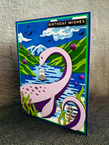 Lavender Lochness Monster in Lake Happy Birthday Card