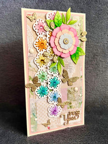 Vintage Flower, Butterflies and Stitched Rainbow Strip Flowers Mini Slimline For You Card