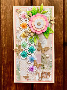Vintage Flower, Butterflies and Stitched Rainbow Strip Flowers Mini Slimline For You Card