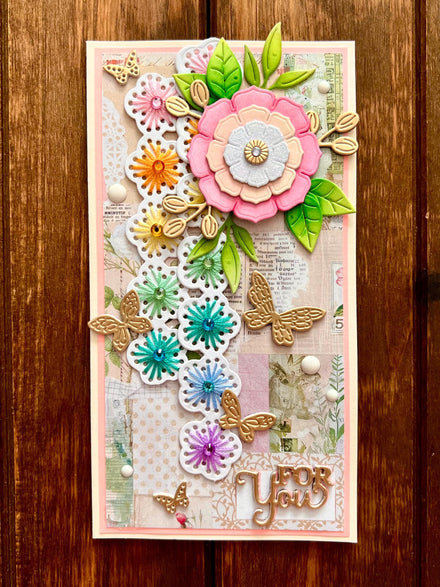 Vintage Flower, Butterflies and Stitched Rainbow Strip Flowers Mini Slimline For You Card