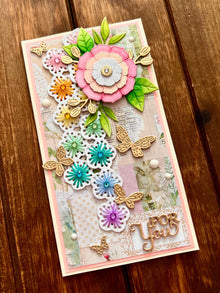 Vintage Flower, Butterflies and Stitched Rainbow Strip Flowers Mini Slimline For You Card