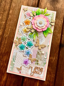 Vintage Flower, Butterflies and Stitched Rainbow Strip Flowers Mini Slimline For You Card