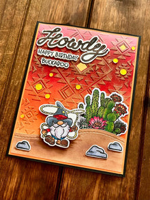 Lassoing Cowboy Gnome and Cactus Scene Howdy Happy Birthday Buckaroo Card