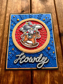 Cowboy Gnome on Rocking Horse Embossed Star Background Howdy Card