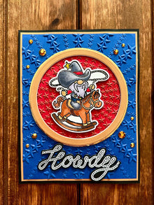 Cowboy Gnome on Rocking Horse Embossed Star Background Howdy Card