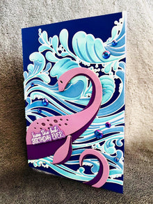 Purple Lochness Monster and Ocean Waves Birthday Card