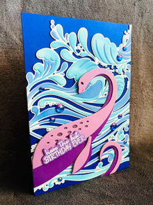Purple Lochness Monster and Ocean Waves Birthday Card