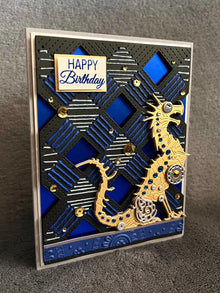 Mechanical Dragon with Gold and Sapphire Gems Stitched Background Happy Birthday Card