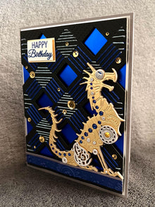 Mechanical Dragon with Gold and Sapphire Gems Stitched Background Happy Birthday Card