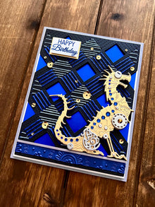 Mechanical Dragon with Gold and Sapphire Gems Stitched Background Happy Birthday Card