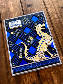 Mechanical Dragon with Gold and Sapphire Gems Stitched Background Happy Birthday Card