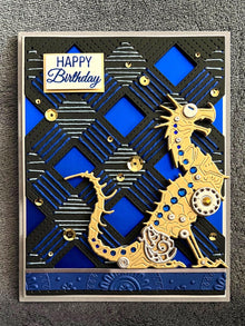 Mechanical Dragon with Gold and Sapphire Gems Stitched Background Happy Birthday Card