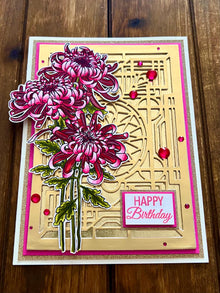 Pink Chrysanthemum Trio and Golden Art Deco Style Wall Birthday Card