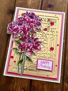 Pink Chrysanthemum Trio and Golden Art Deco Style Wall Birthday Card