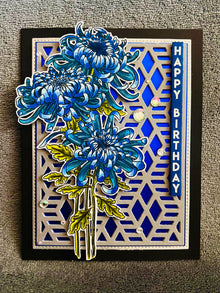 Blue Chrysanthemum Trio Happy Birthday Card