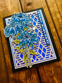Blue Chrysanthemum Trio Happy Birthday Card
