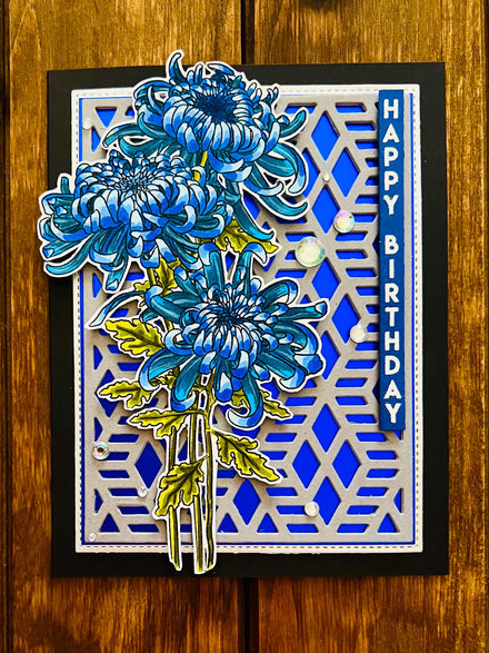 Blue Chrysanthemum Trio Happy Birthday Card