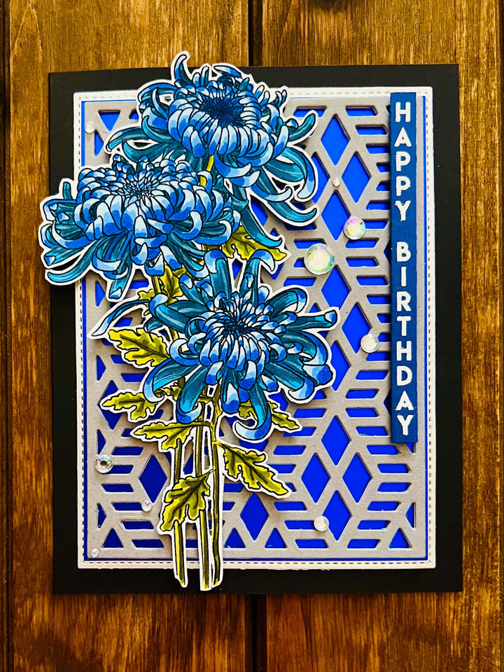 Blue Chrysanthemum Trio Happy Birthday Card
