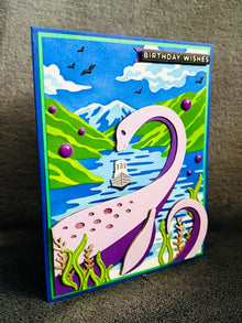Lavender Lochness Monster in Lake Happy Birthday Card