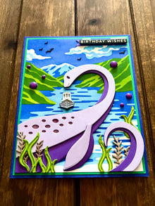 Lavender Lochness Monster in Lake Happy Birthday Card