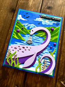 Lavender Lochness Monster in Lake Happy Birthday Card