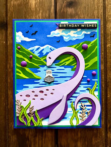 Lavender Lochness Monster in Lake Happy Birthday Card