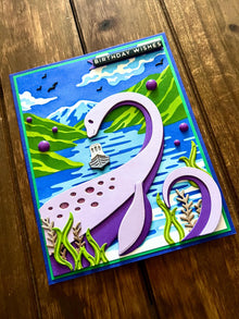 Lavender Lochness Monster in Lake Happy Birthday Card