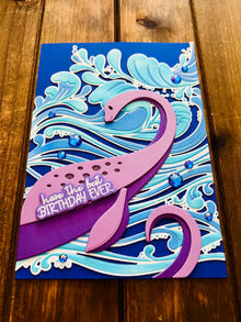 Purple Lochness Monster and Ocean Waves Birthday Card