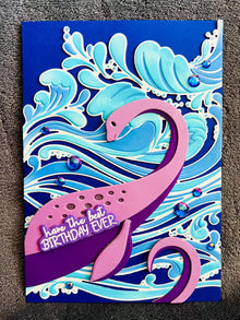 Purple Lochness Monster and Ocean Waves Birthday Card