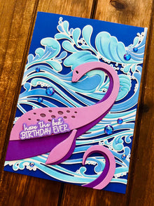 Purple Lochness Monster and Ocean Waves Birthday Card