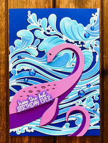 Purple Lochness Monster and Ocean Waves Birthday Card