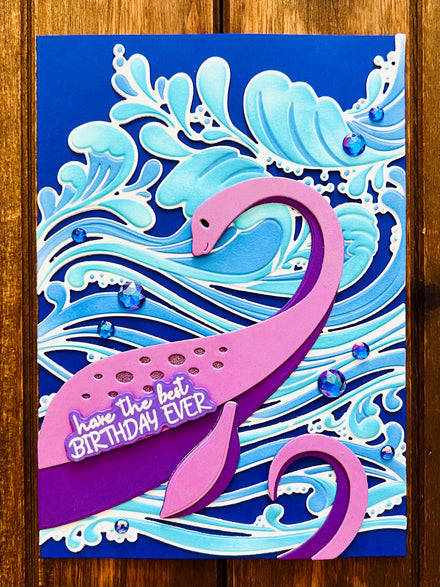 Purple Lochness Monster and Ocean Waves Birthday Card